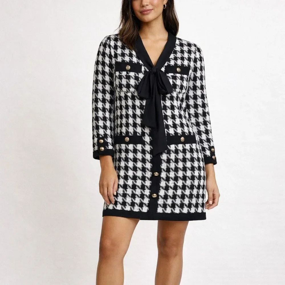 Pomander Place Houndstooth Bow Neck Dress XS Black White Tweed Style